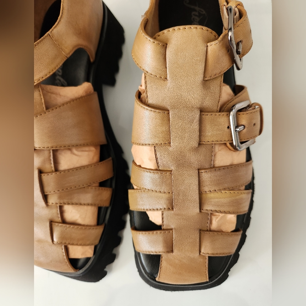 Free People Tan Woven Leather Platform Sandals - Picture 2 of 10